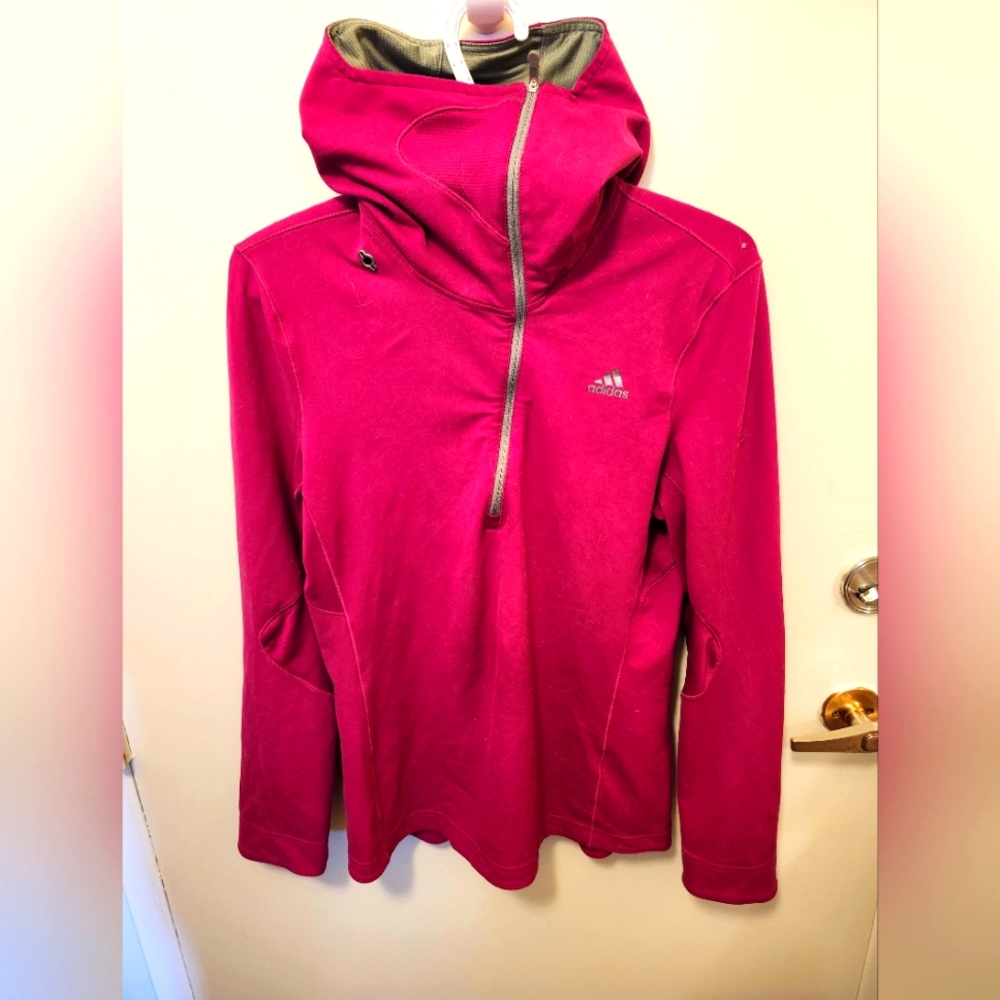 ADIDAS Pink Pullover Hoodie, asymmetrical Hood/Zip, Size M, EUC